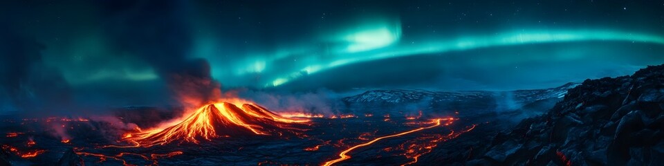 Poster - Panoramic view of the Northern Lights swirling above a volcanic eruption in Iceland, with glowing lava creating a stark contrast, in 4K resolution