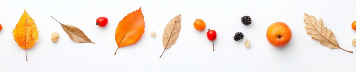 Poster - Minimalistic Autumn Flat Lay Dried Leaves and Fruits on White Background