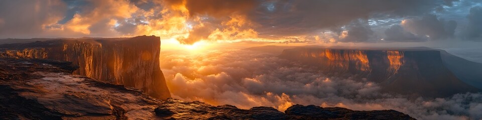 Leinwandbilder - Panoramic view of the golden sunset illuminating Mount Roraima s cliffs, with dynamic clouds swirling around the summit, in 4K resolution