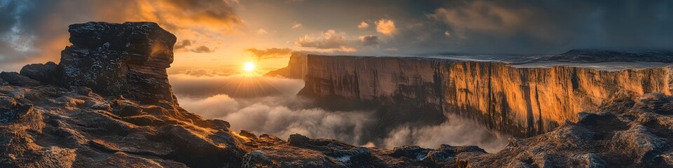 Leinwandbilder - Panoramic view of the golden sunset illuminating Mount Roraima s cliffs, with dynamic clouds swirling around the summit, in 4K resolution