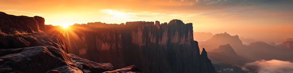 Fototapete - Panoramic view of the summit of Mount Roraima during sunrise, with jagged rock formations glowing under the golden light, in 4K resolution