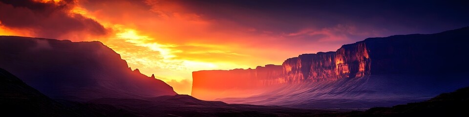 Leinwandbilder - Panoramic view of the towering cliffs of Mount Roraima silhouetted against a fiery sunset sky, with the savannah glowing in warm hues, in 4K resolution