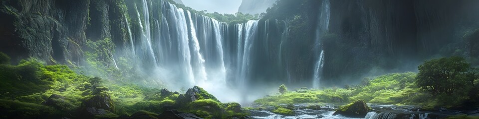 Poster - Panoramic view of cascading waterfalls flowing from Mount Roraima s summit, with vibrant greenery and rocky cliffs glowing under soft light, in 4K resolution