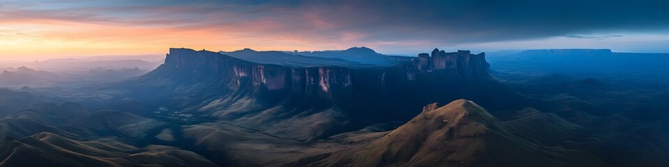 Poster - Aerial panorama of the surrounding savannah and jagged peaks of Mount Roraima, with rolling hills glowing under soft twilight hues, in 4K resolution