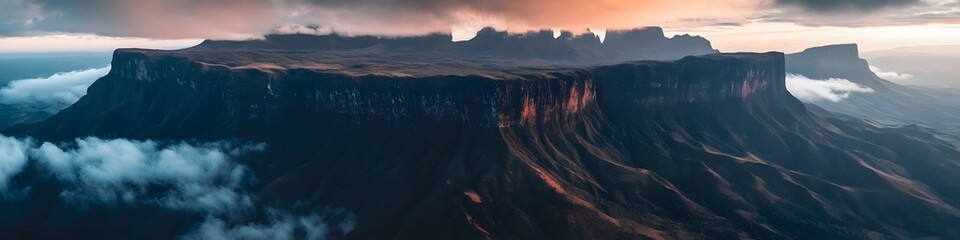 Poster - Aerial panorama of the surrounding savannah and jagged peaks of Mount Roraima, with rolling hills glowing under soft twilight hues, in 4K resolution