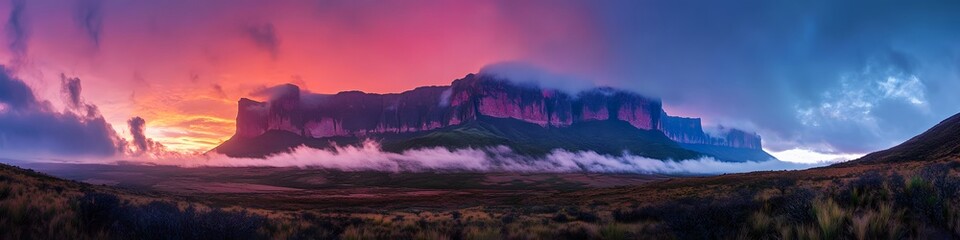 Leinwandbilder - Panoramic view of Mount Roraima glowing under fiery sunset hues, with swirling mist adding depth and mystery to the landscape, in 4K resolution
