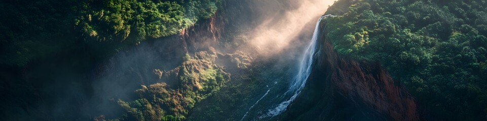 Poster - Aerial panorama of Mount Roraima s cliffs glowing under the golden light of sunset, with cascading waterfalls and dense greenery creating cinematic depth, in 4K resolution