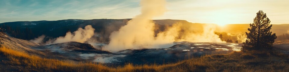 Poster - Panoramic view of the valley illuminated by the soft hues of sunrise, with steaming geysers creating dynamic clouds of mist, in 4K resolution