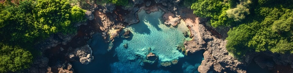 Aufkleber - Aerial panorama of vibrant geothermal pools surrounded by jagged cliffs and lush vegetation glowing under bright summer light, in 4K resolution