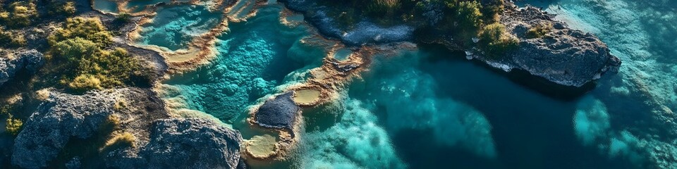Aufkleber - Aerial panorama of vibrant geothermal pools surrounded by jagged cliffs and lush vegetation glowing under bright summer light, in 4K resolution