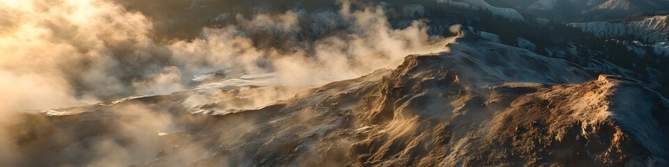 Fototapete - Aerial panorama of the Valley of Geysers surrounded by towering cliffs and dynamic steam clouds glowing under golden hour light, in 4K resolution