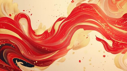 Wall Mural - Dynamic Chinese New Year abstract poster design featuring swirling red waves and golden accents with festive elements.