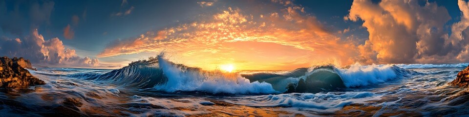 Poster - Panoramic view of The Wave s sandstone layers illuminated by vibrant hues of sunrise, with dynamic textures creating depth, in 4K resolution