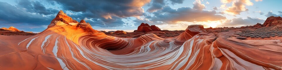 Fototapete - Wide-angle shot of The Wave s surreal patterns glowing under golden hour light, with dramatic clouds adding contrast to the blue sky, in 4K resolution