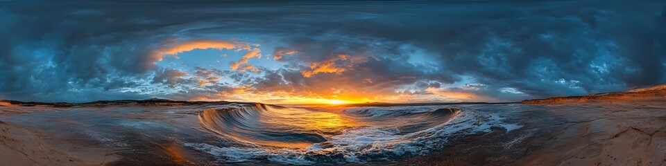 Poster - Panoramic view of The Wave s sandstone swirls glowing under the vibrant colors of sunrise, with dramatic clouds creating contrast, in 4K resolution