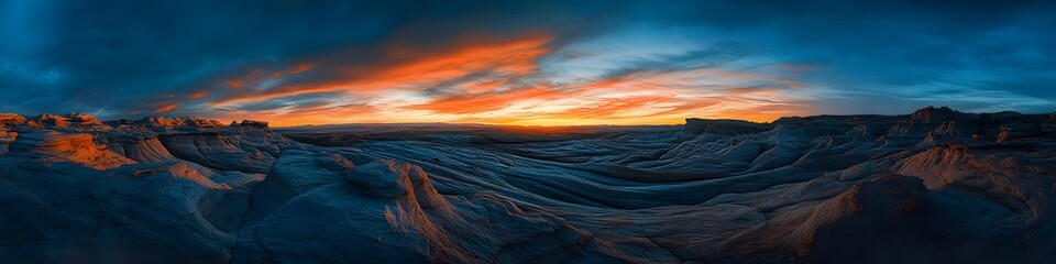 Poster - Panoramic view of The Wave glowing under the fiery hues of sunset, with vibrant sandstone ridges creating a cinematic scene, in 4K resolution