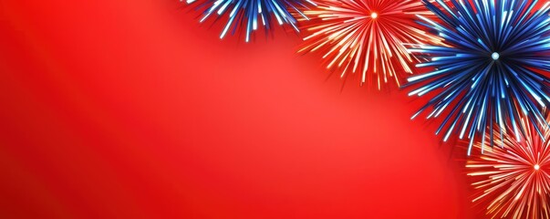 Poster - Fireworks abstract background idea. Colorful fireworks on a vibrant red background, celebrating festive occasions.