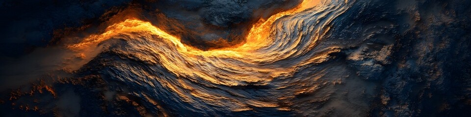 Poster - Aerial panorama of The Wave s swirling textures glowing under golden hour light, with the rugged desert cliffs framing the scene, in 4K resolution