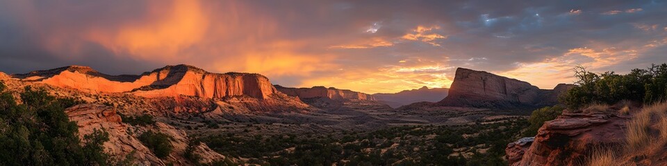 Leinwandbilder - Panoramic view of The Wave s sandstone formations glowing under fiery sunset hues, with rugged cliffs and desert vegetation creating a cinematic backdrop, in 4K resolution
