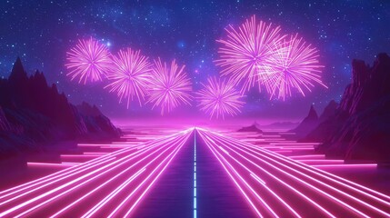 Poster - Fireworks abstract background idea. A vibrant digital artwork featuring neon lights and colorful fireworks in a surreal landscape.