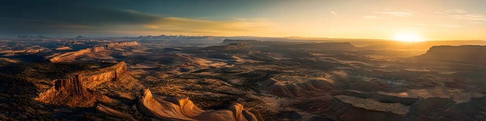 Aufkleber - Aerial panorama of The Wave surrounded by distant mesas glowing under soft morning light, with vibrant sandstone textures adding depth, in 4K resolution