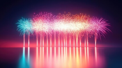 Poster - Fireworks abstract background idea. Colorful fireworks display reflecting in a serene lake at night, creating a magical atmosphere.