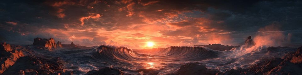 Leinwandbilder - Panoramic view of The Wave s swirling patterns glowing under fiery sunset hues, with rugged desert cliffs framing the surreal formations, in 4K resolution
