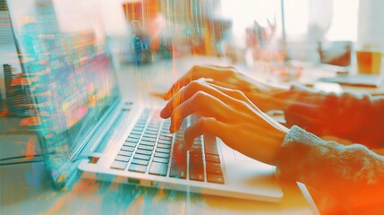 Poster - Double Exposure of Hands Typing on Laptop in Modern Home Office