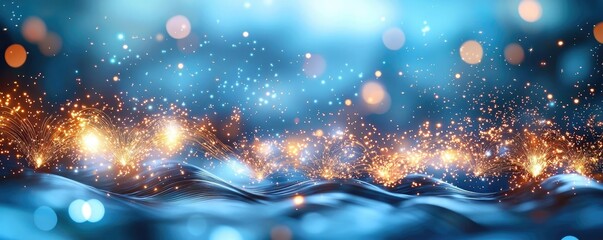Poster - Fireworks abstract background idea. Captivating blue water surface with shimmering lights, creating a serene atmosphere.