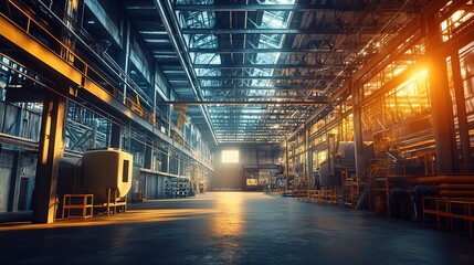 Poster - expansive interior of modern steel factory with open space and light