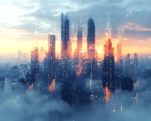 Poster - Futuristic Financial Cityscape with Abstract Bar Graph Towers at Moody Sunset