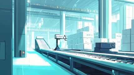 Poster - High-Tech Warehouse with Conveyor Belts and Robots in Action