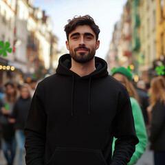 Wall Mural - Guy wearing black hoodie, stands on city street during parade, festival celebrating St. Patrick's Day. Handsome young man model in basic Gildan 18500 mockup. Men's casual t-shirt mock up, outdoor