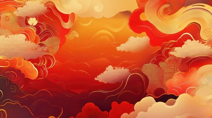 Wall Mural - Dynamic Lunar New Year theme with red and gold gradients, swirling clouds, and glowing ornamental accents.