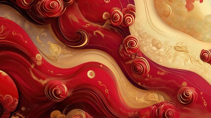 Poster - Dynamic modern Chinese New Year patterns with intricate gold and red swirls blending seamlessly into the background.