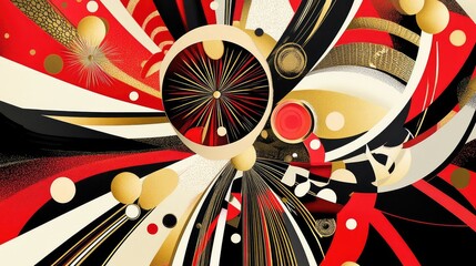 Poster - Dynamic New Year celebration design with interlocking geometric patterns in bright red, gold, and white.