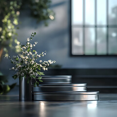 Aufkleber - A closeup of silver 3d podium on a white table with sunlight from a window