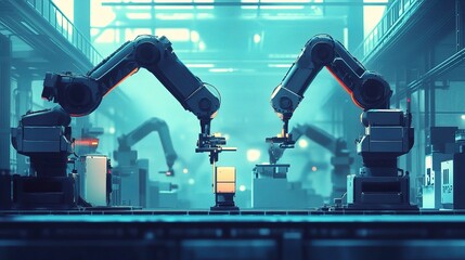 Poster - robotic arms assembling products in a high-tech factory environment
