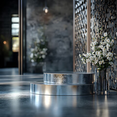 Aufkleber - A closeup of silver 3d podium on a white table with sunlight from a window