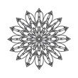 © Riteek - A thick-lined doodle of a floral mandala with petal-like shapes and radial symmetry, drawn in bold outlines with no fill color, placed on a plain white background.