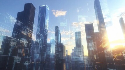 Poster - Futuristic Financial District with Digital Overlay and Sunset Glow