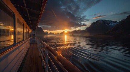 Wall Mural - stunning view of the midnight sun from a cruise ship sailing through the majestic fjords of western 