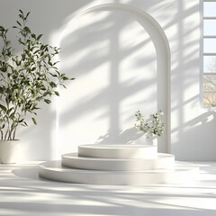 Aufkleber - A stack of clean white ceramic tableware including 3d podium is set on a wooden surface with a tree adorned with flowers and leaves in the background