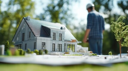 Fototapete - Engineer Reviewing 3D Blueprint at Construction Site with Model