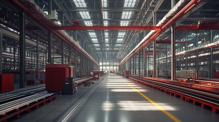 Poster - modern industrial warehouse with automated systems and moving equipment