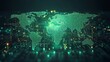© TranNgoc - A glowing cyber world map with continents outlined in neon green matrix code, dynamic streams of data linking global nodes, a dark, immersive digital background, and intricate holographic details,