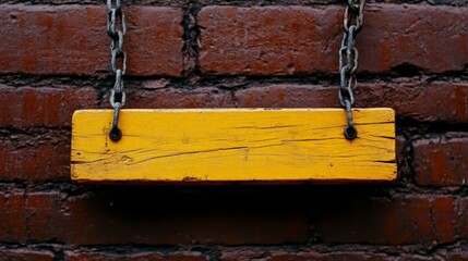 Rustic Charm: A weathered wooden sign hangs from rusty chains against a backdrop of aged brick, offering a blank canvas for your message.  