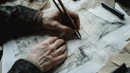 Poster - Architects Hands Sketching Detailed Blueprints on Paper Surface