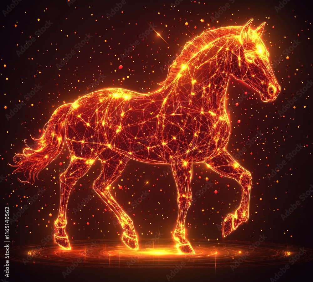 Illuminated digital horse in motion with fiery neon lights. 2026 year ...