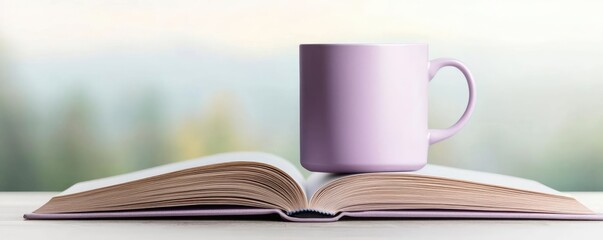 Aufkleber - Pastel coffee idea. A cozy scene with a purple mug on an open book, inviting relaxation and leisure.